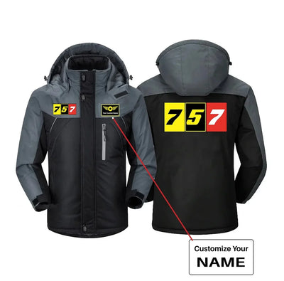Flat Colourful 757 aviation design printed on heavyweight insulated shell thick winter jacket.