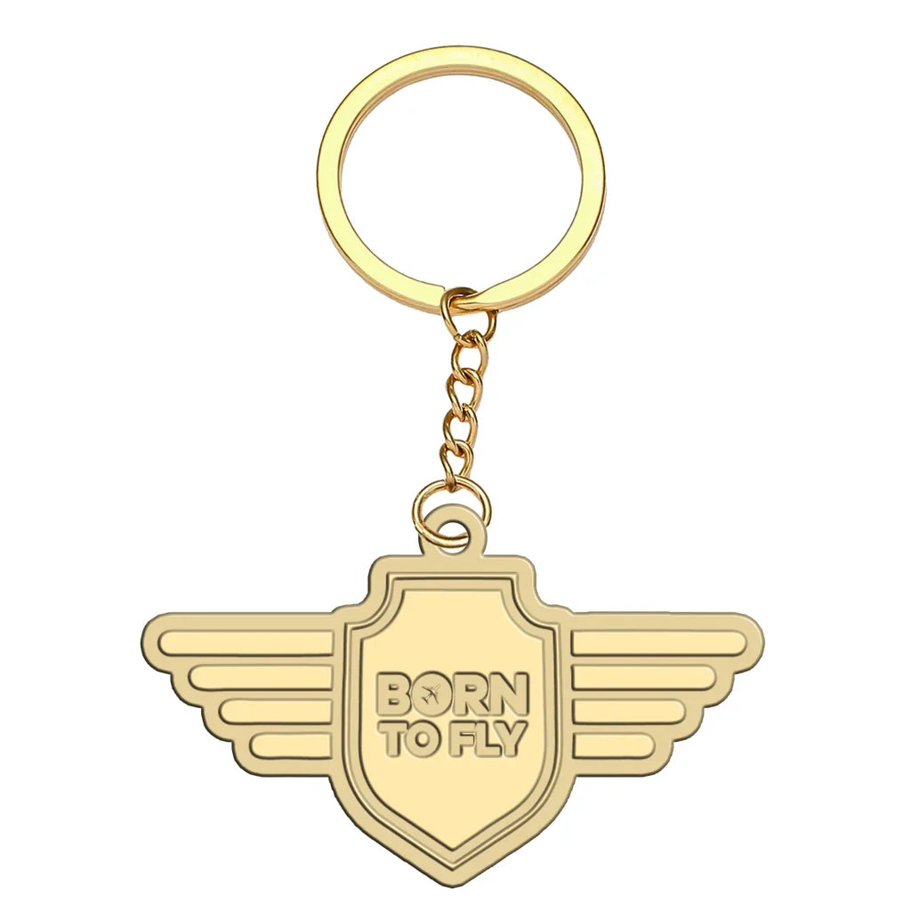 Born To Fly aviation hollow key chain in polished alloy.