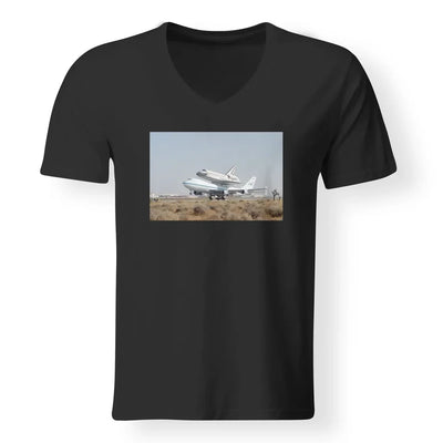 Boeing 747 Carrying Nasa's Space Shuttle aviation design printed on soft cotton V-neck T-shirt.