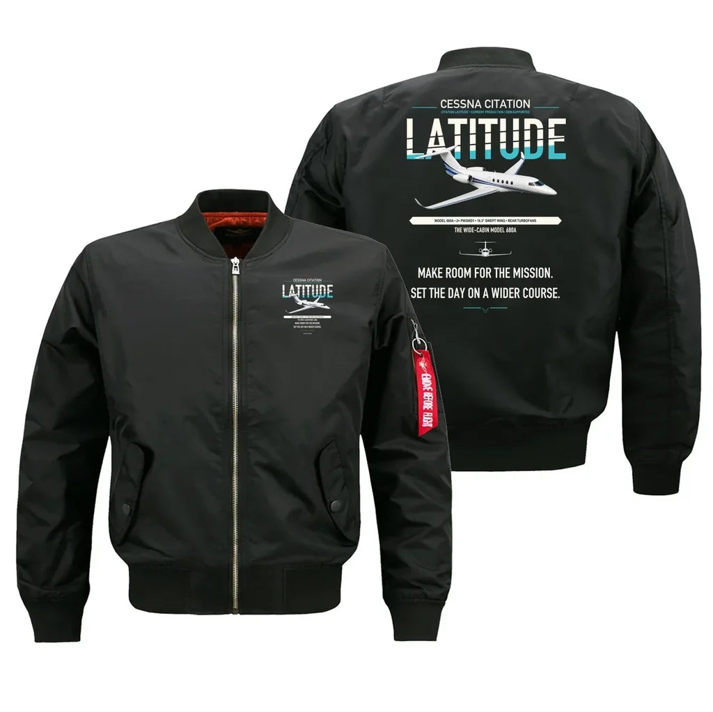 Cessna Citation Latitude design on black bomber jacket, double-side print
