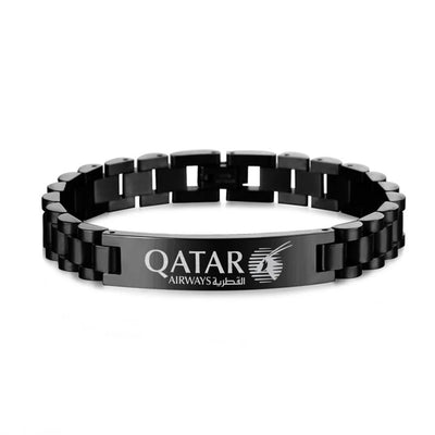 Qatar Airways Airlines aviation-themed chain bracelet, polished stainless steel.