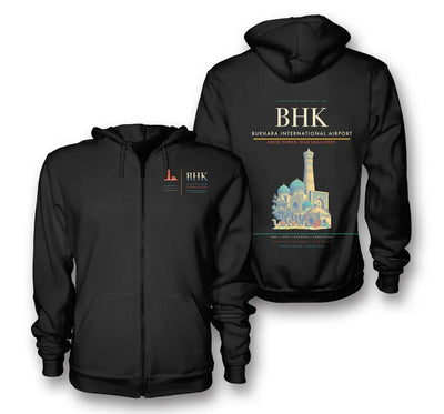 Bukhara Airport (BHK) design on black premium zipped hoodie