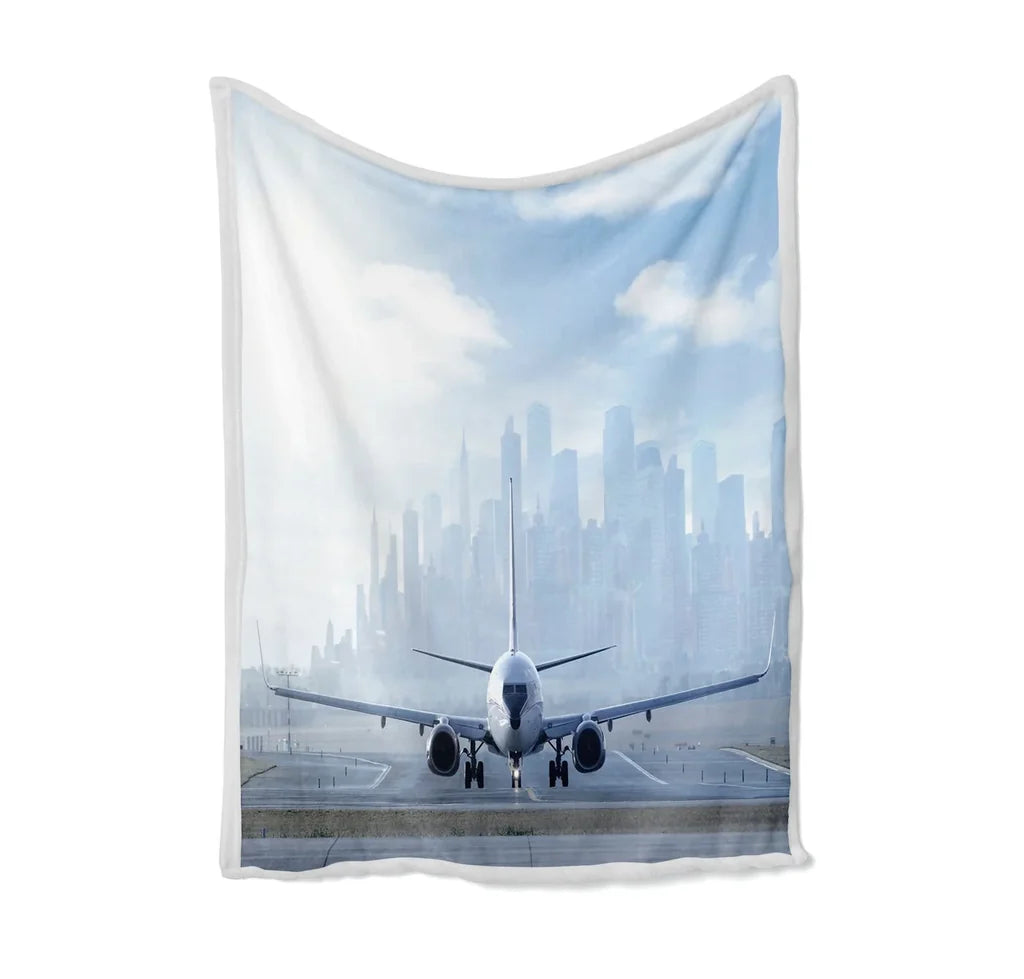 Boeing 737 & City View Behind Bed Blankets & aviation print on soft fleece blanket.