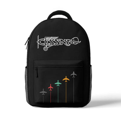 Special Cessna Text aviation print backpack, durable polyester.