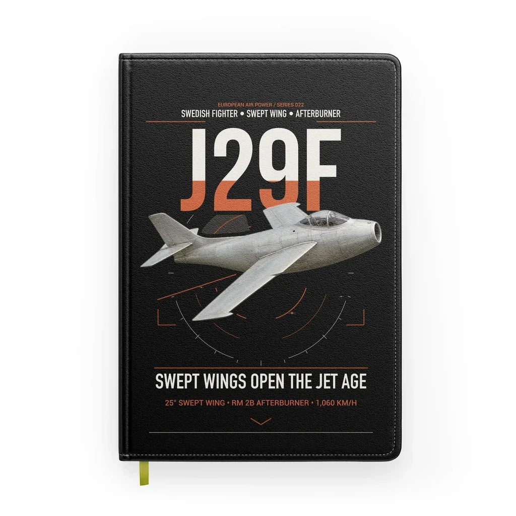 Saab J 29F Tunnan design on black notebook