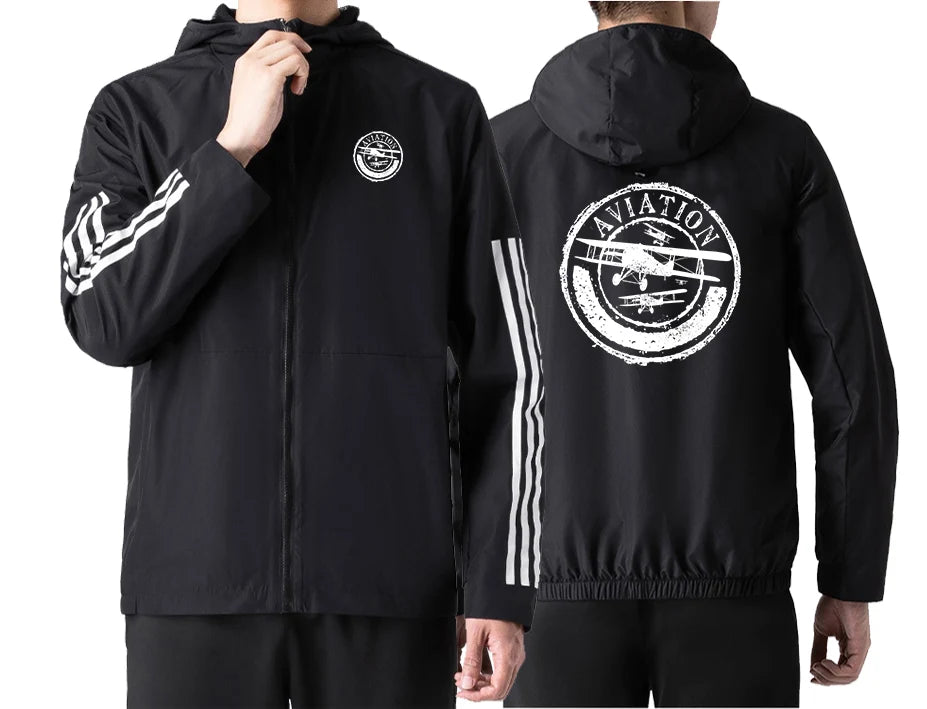 Aviation Lovers Sport Style aviation design printed on lightweight windproof shell windbreaker.