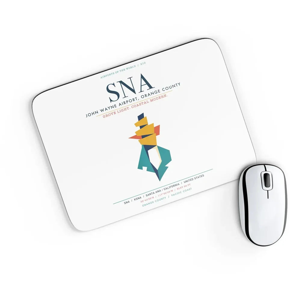 John Wayne Airport, Orange County (SNA) design on white rectangle mouse pad