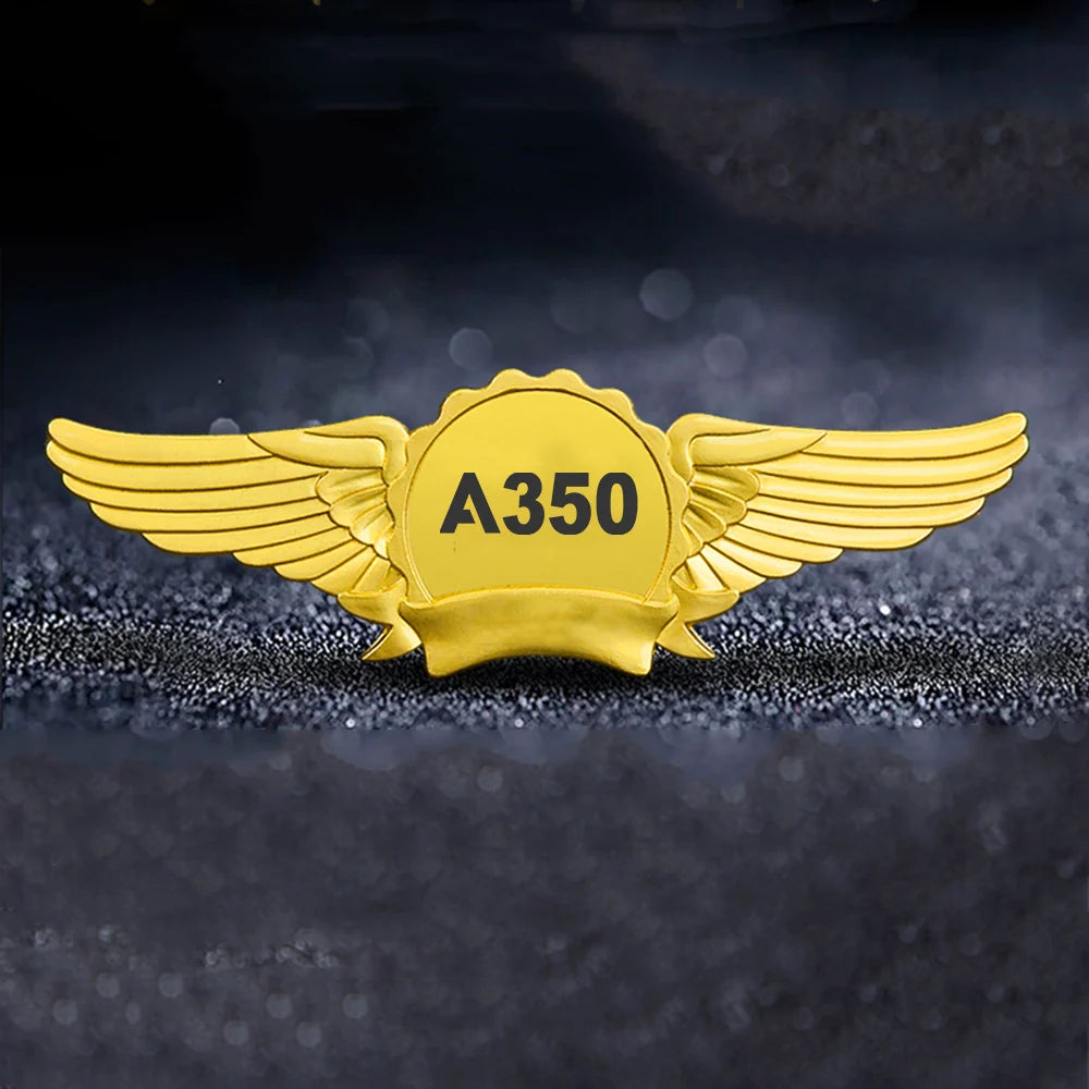 Airbus A350 Flat Text aviation badge in polished metal.