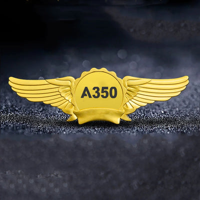 Airbus A350 Flat Text aviation badge in polished metal.