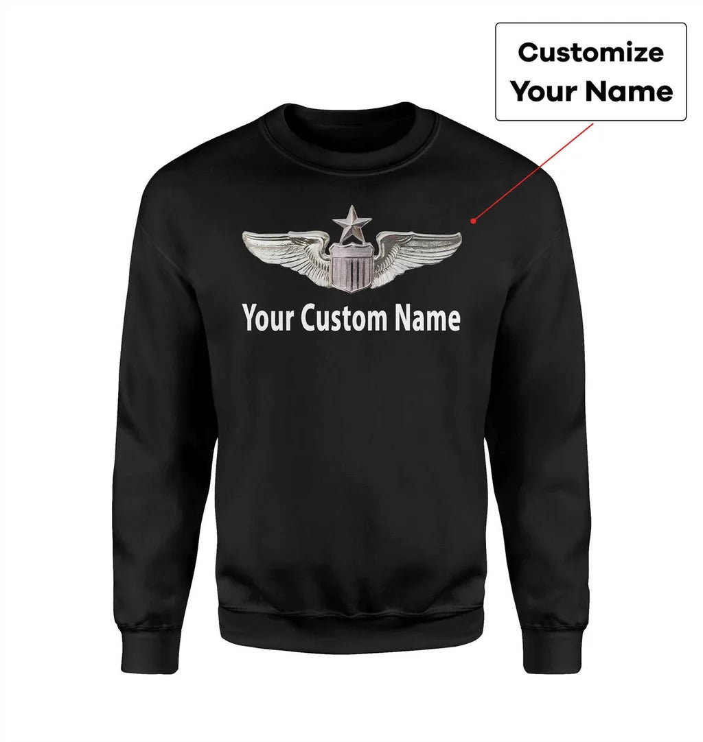 Custom Name & Big Badge (Air Force & Star) aviation design printed on soft cotton blend sweatshirt.