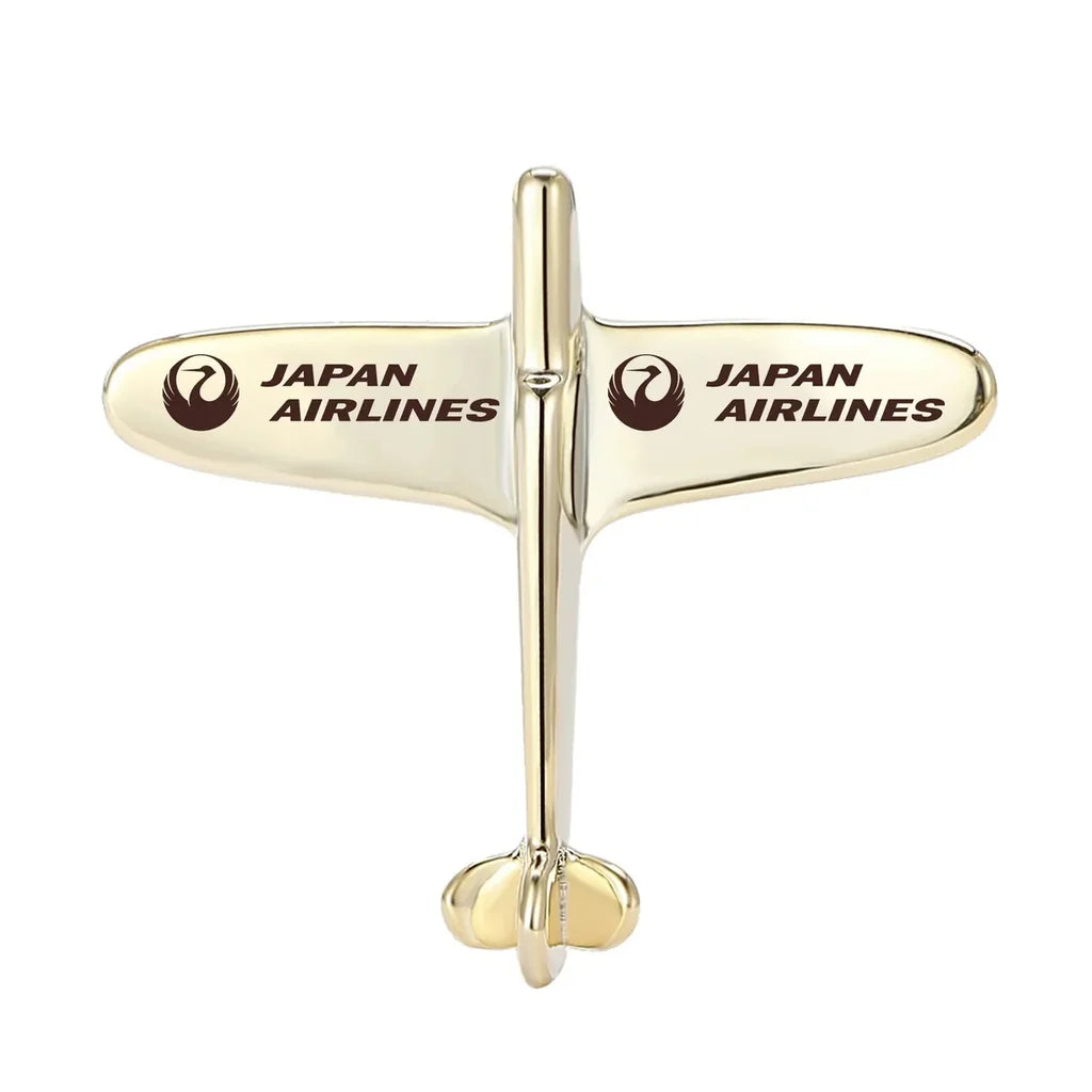 Side view of Japan Airlines Airplane Shape aviation airplane-shape brooch in polished alloy, polished finish.