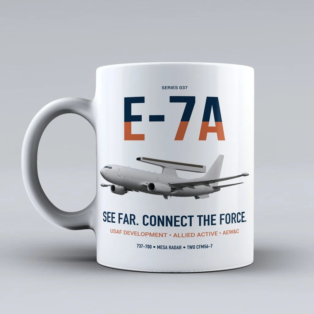 E-7A Wedgetail design on white ceramic mug, double-side print