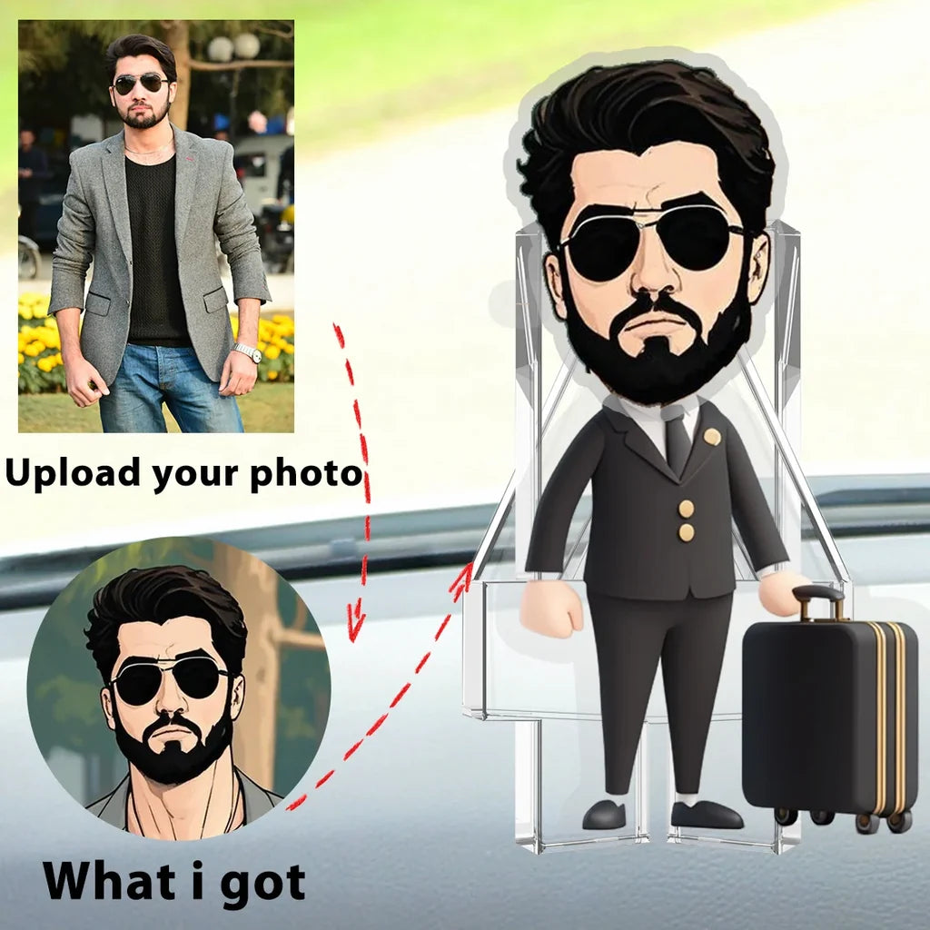 Pilot holding suitcase Custom Automatic Shaking Head Decorations Personalized Acrylic aviation design on durable build car acrylic.
