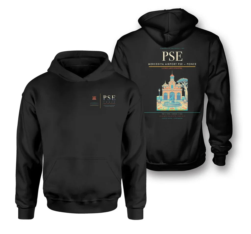 Mercedita Airport (PSE) design on black double-side hoodie