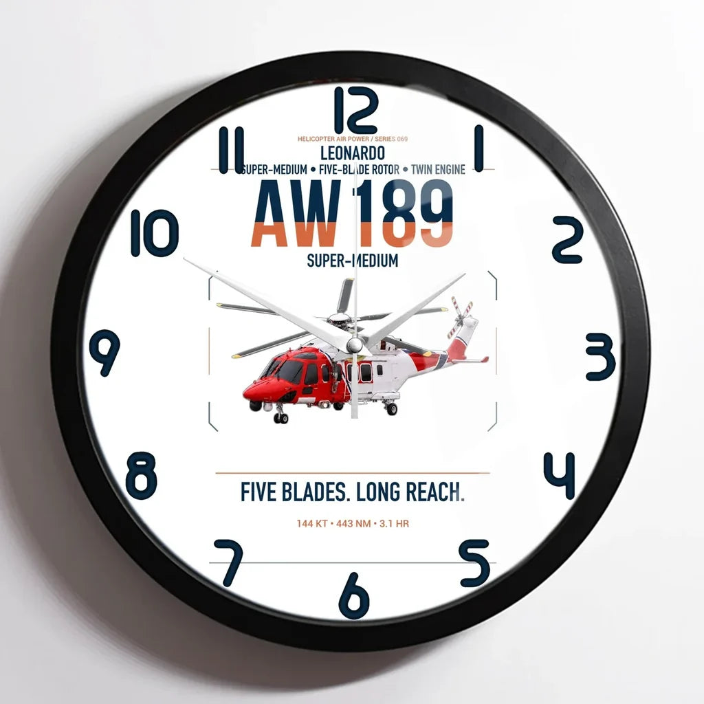 Leonardo AW189 design on white framed wall clock