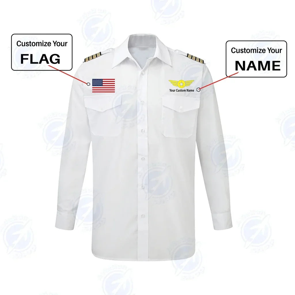 Custom Flag & Name with EPAULETTES (Badge 4) aviation design printed on crisp poplin cotton long-sleeve pilot shirt.