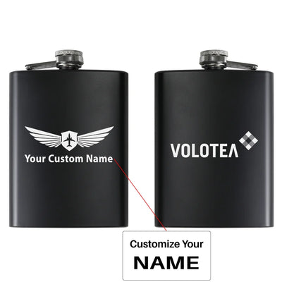 Volotea Airlines aviation design on stainless hip flask, compact pocket-size flask.