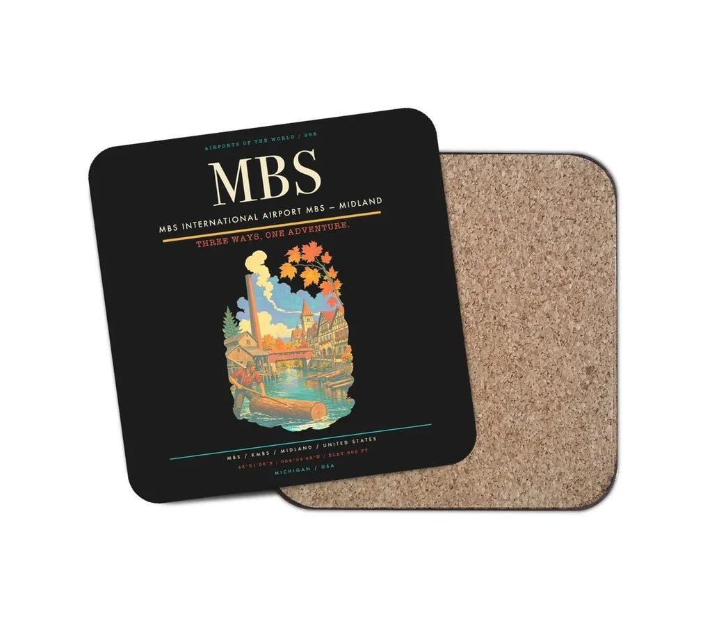 MBS International Airport (MBS) design on black 1 piece coaster