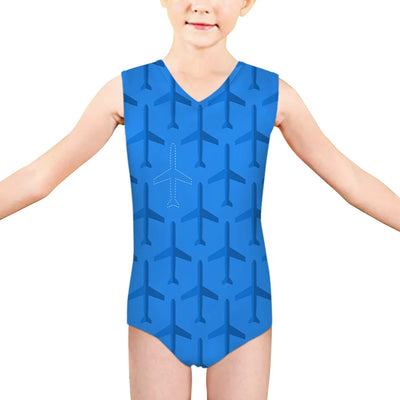 Blue Seamless Airplanes aviation print on kids quick-dry fabric swimsuit.