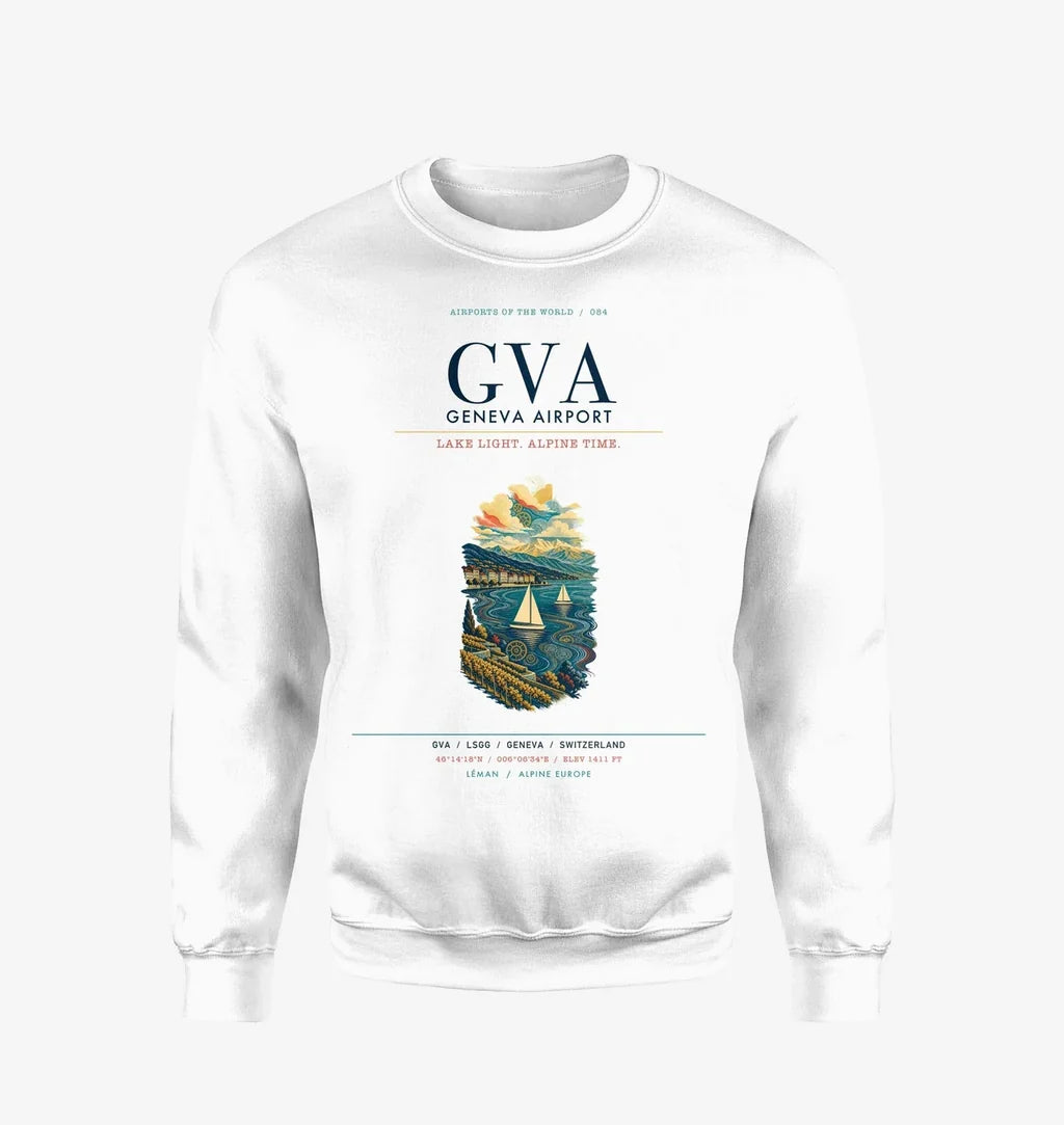 Geneva Airport (GVA) design on white sweatshirt