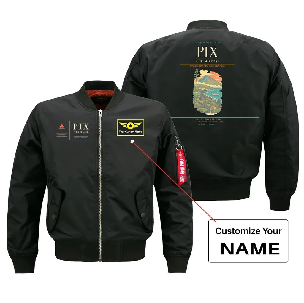 Pico Airport (PIX) design on black bomber jacket with custom name patch