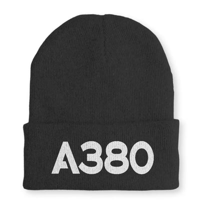 Airbus A380 Flat Text Embroidered aviation embroidery on soft knit fabric beanie.