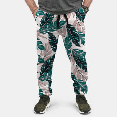 Seamless Palm Leafs aviation design on soft cotton blend 3D-printed sweatpants.