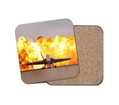 Face to Face with Air Force Jet & Flames aviation design on cork-backed wood with print coaster.