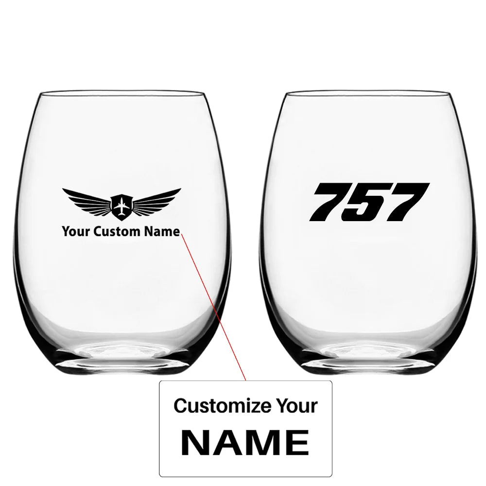 Boeing 757 Flat Text Water & Drink aviation design on water glass, crystal-clear premium glassware.