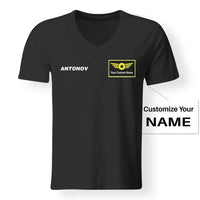 Thumbnail for Antonov & Text aviation design printed on soft cotton V-neck T-shirt.