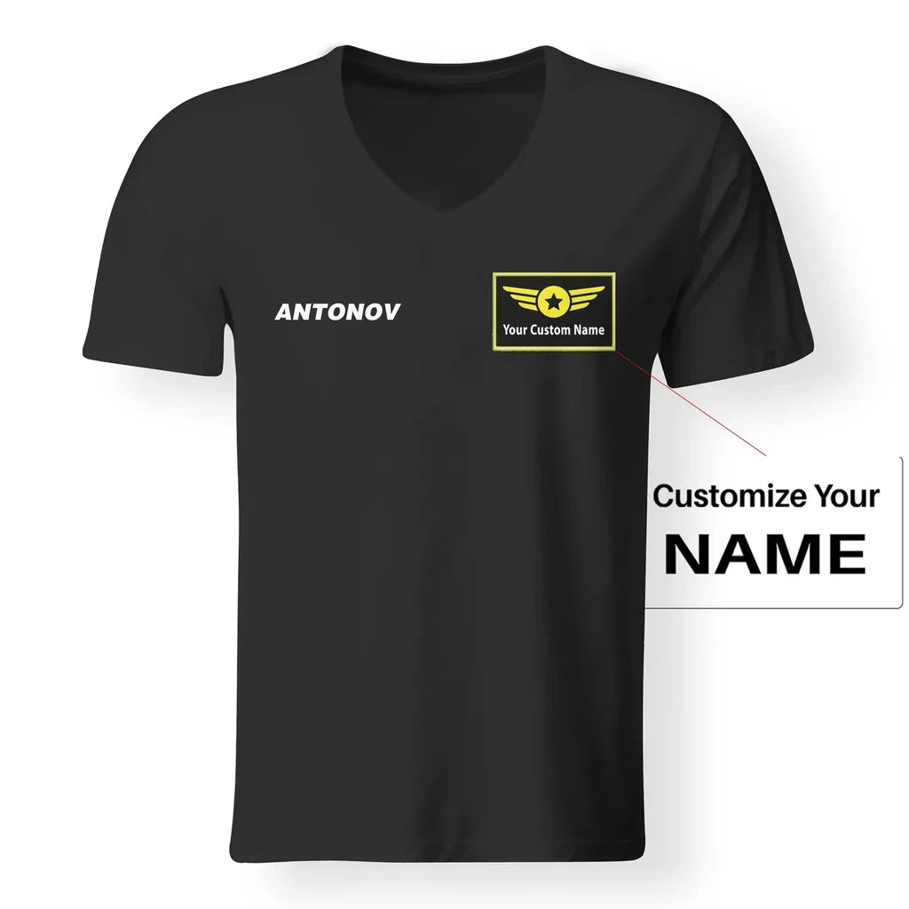 Antonov & Text aviation design printed on soft cotton V-neck T-shirt.