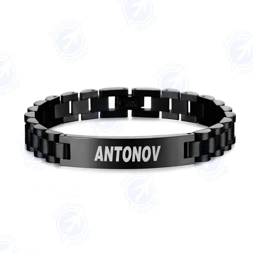 Side view of Antonov & Text aviation chain bracelet in stainless steel, polished finish.
