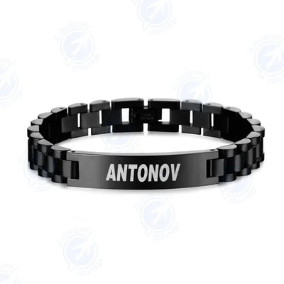 Side view of Antonov & Text aviation chain bracelet in stainless steel, polished finish.