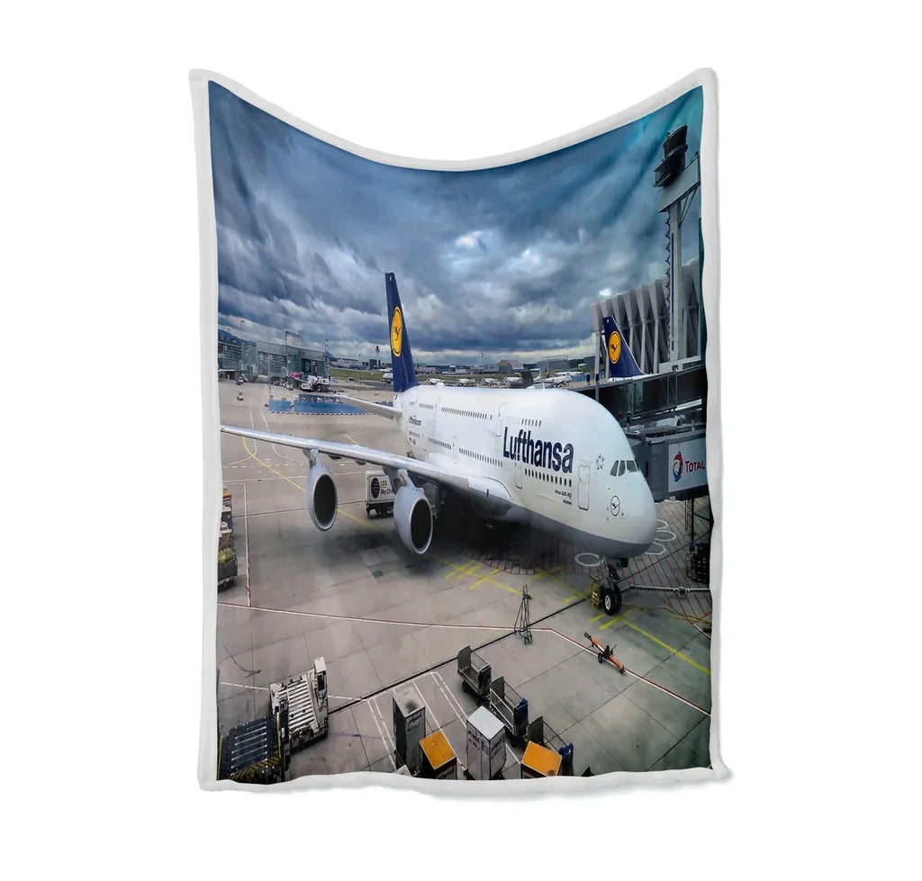 Lufthansa's A380 At the Gate Bed Blankets & aviation print on soft fleece blanket.