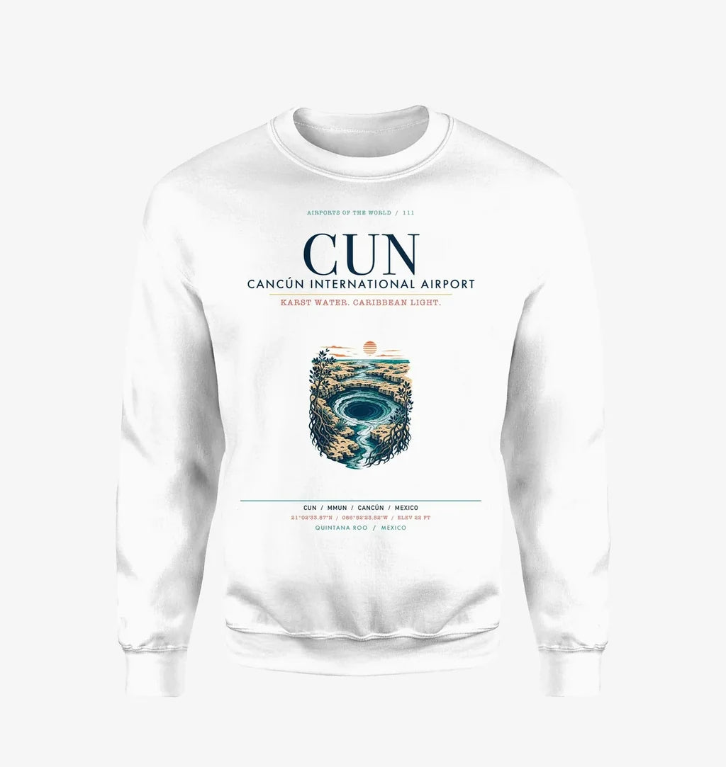Cancún International Airport (CUN) design on white sweatshirt