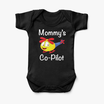 Mommy's Co-Pilot (Helicopter) aviation print on kids gentle cotton bodysuit.