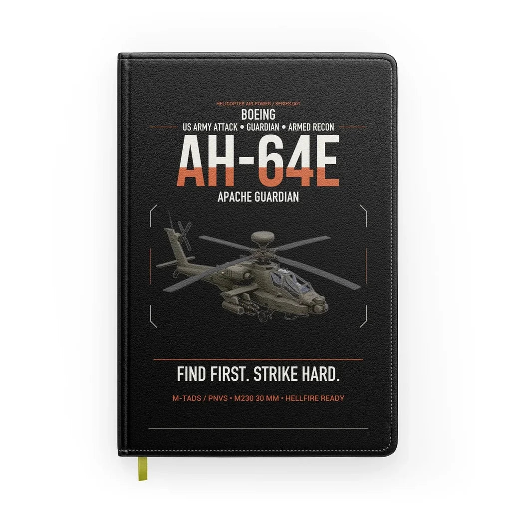 Boeing AH-64E Apache Guardian design on black notebook