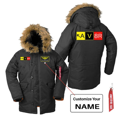 AV8R aviation design printed on heavyweight shell with hooded warmth parka bomber.