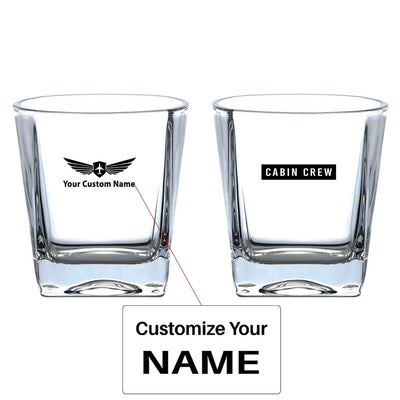 Cabin Crew Text aviation design on whiskey glass, crystal-clear premium glassware.