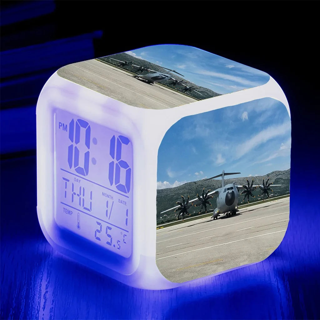 Face to Face with Airbus A400M "7 Colour" Digital Alarm aviation art table clock in premium wood and metal.