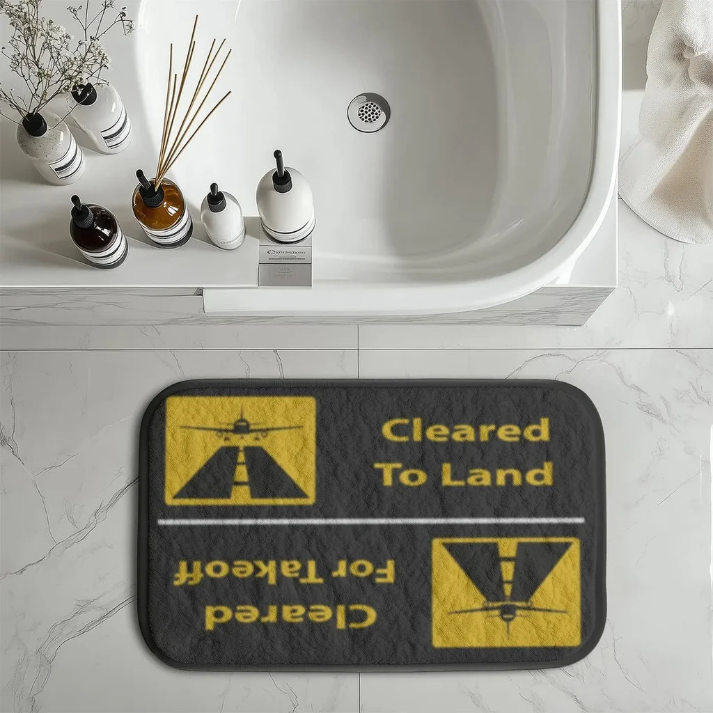 Cleared To Land / For Departure aviation print bath mat, soft absorbent fabric with non-slip backing.