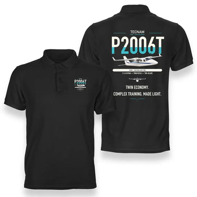 Tecnam P2006T design on black double-side polo t-shirt, double-side print