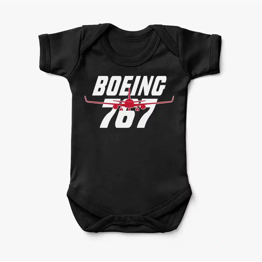 Amazing Boeing 767 aviation print on kids gentle cotton bodysuit.