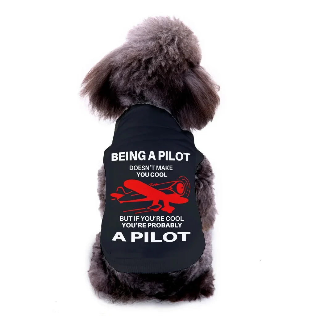 Pet vest with If You're Cool You're Probably a Pilot Dog Pet aviation design, quilted insulated panel.