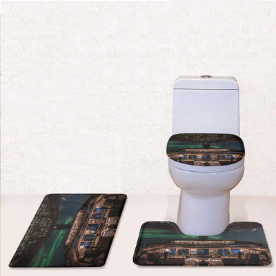 Boeing 777 Cockpit Toilet Seat Cover Three-piece aviation print on soft fabric toilet seat cover set.