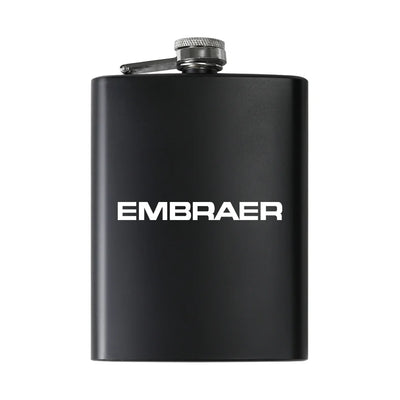 Embraer & Text aviation design on stainless hip flask, compact pocket-size flask.