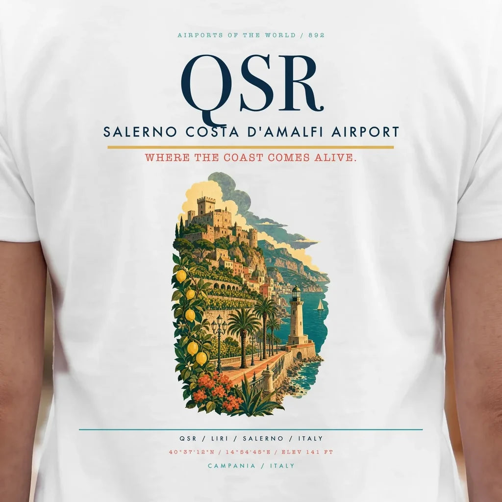 Salerno Costa d'Amalfi Airport (QSR) double-side t-shirt design close-up cover