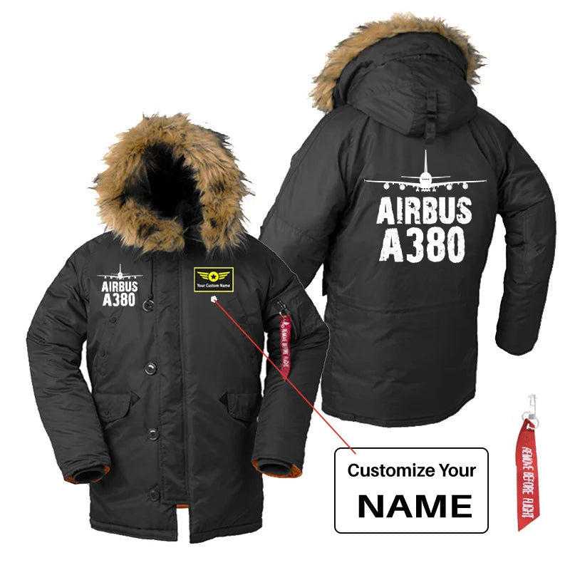 Airbus A380 & Plane aviation design printed on heavyweight shell with hooded warmth parka bomber.
