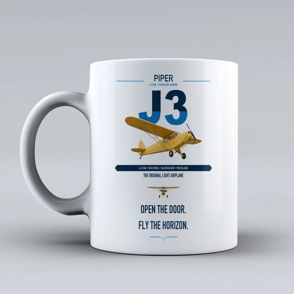 Piper J-3 Cub design on white ceramic mug, double-side print