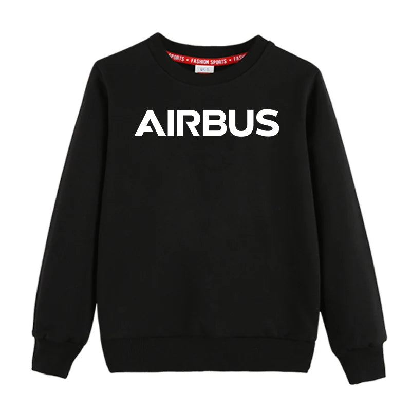 Airbus & Text "CHILDREN" aviation design printed on soft cotton blend kids' sweatshirt.
